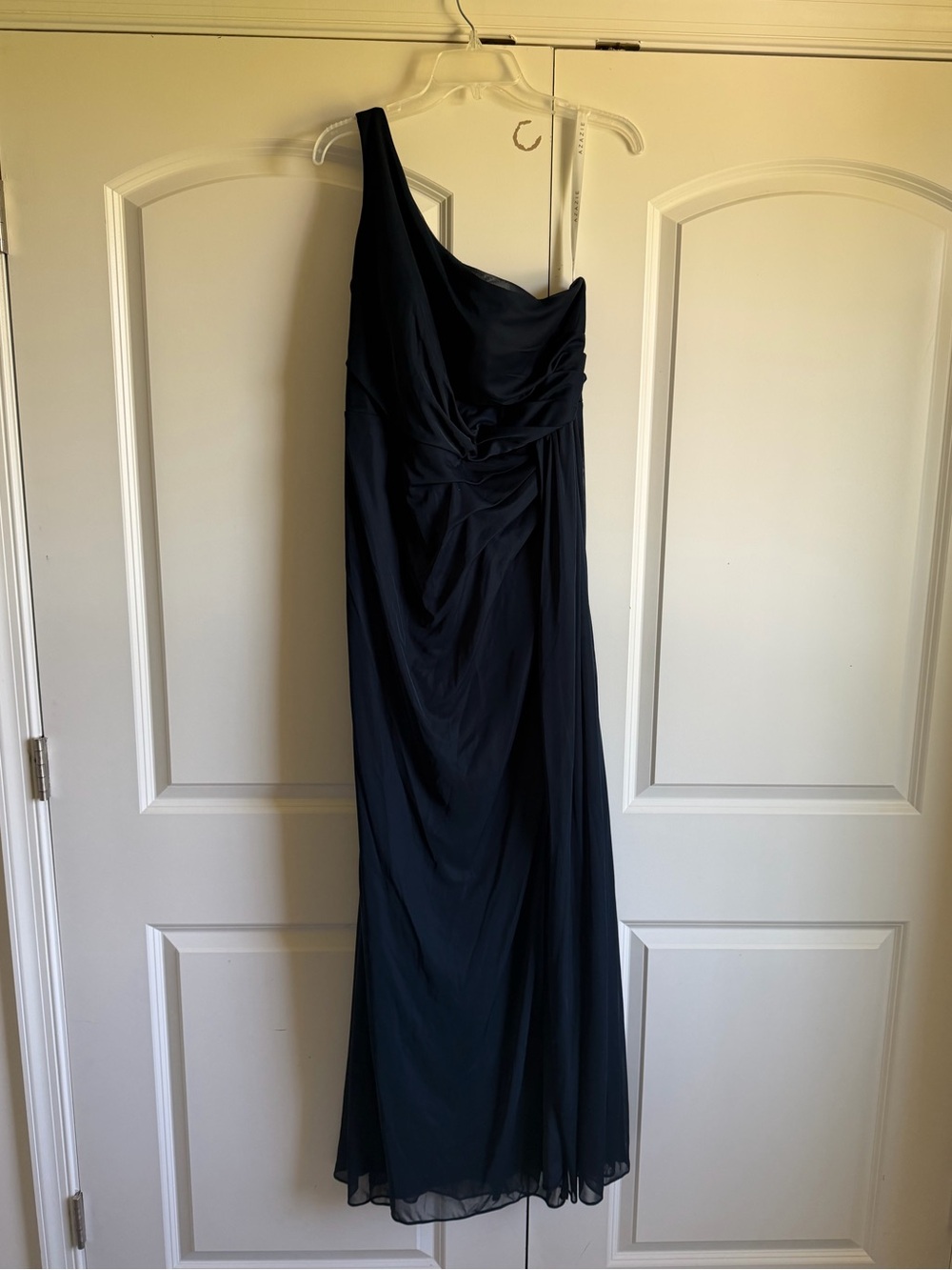 Azazie Jhene Navy One-Shoulder Draped Evening Gown